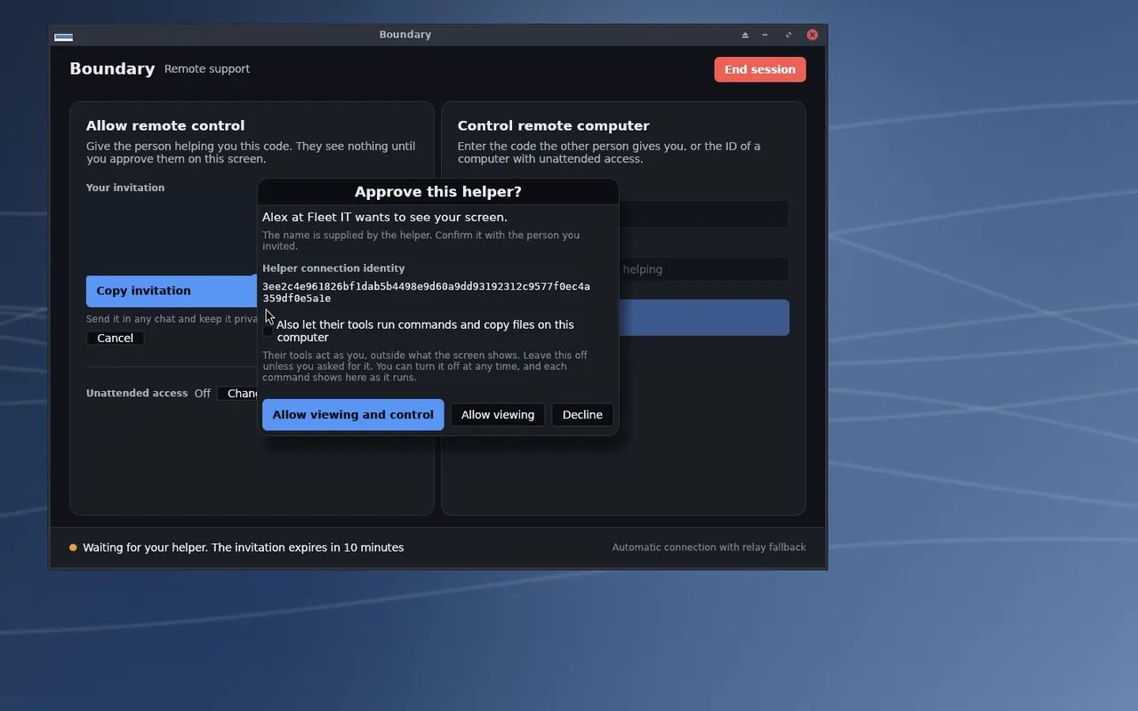 Approve this helper dialog in DeskVNC Support