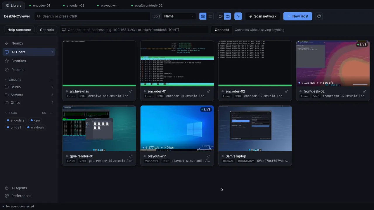 The DeskVNC library with SSH, VNC, RDP and support machines, some showing live desktops