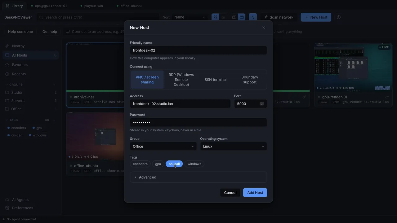 The New Host dialog