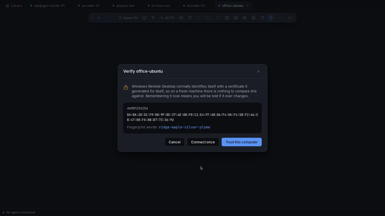 RDP certificate verification with fingerprint words