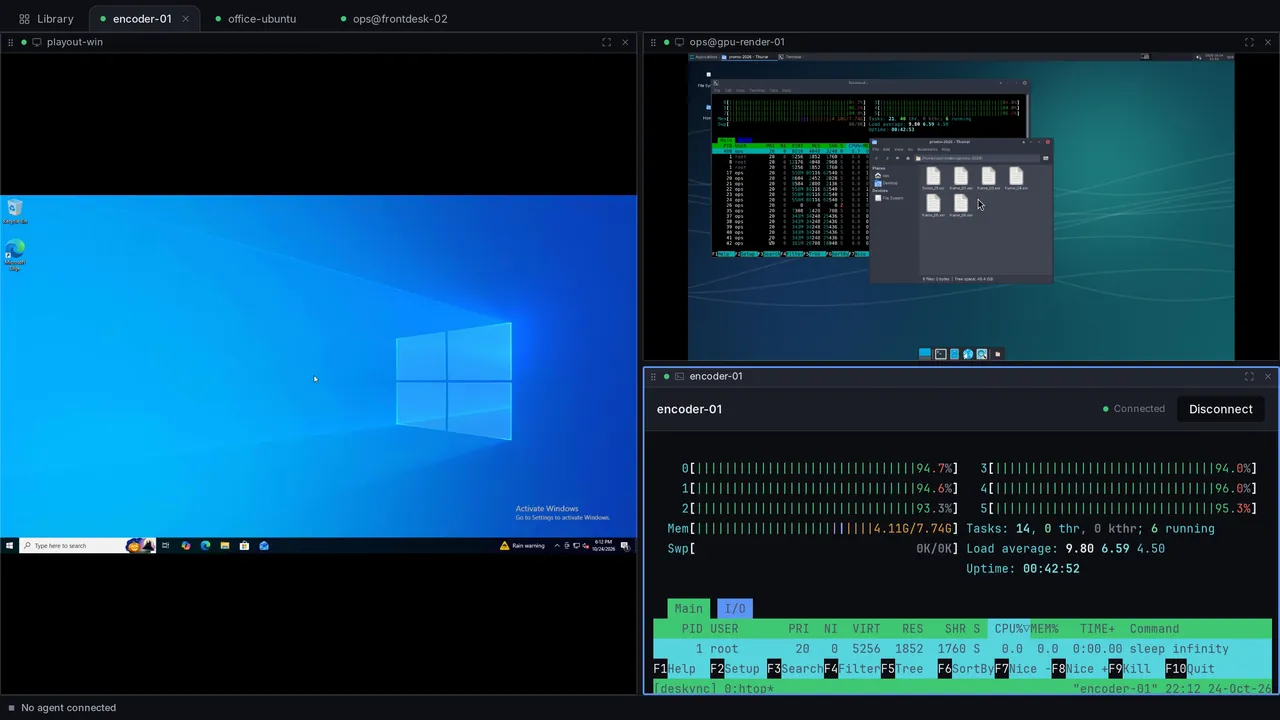 Three panes: Windows, a Linux desktop and an SSH terminal